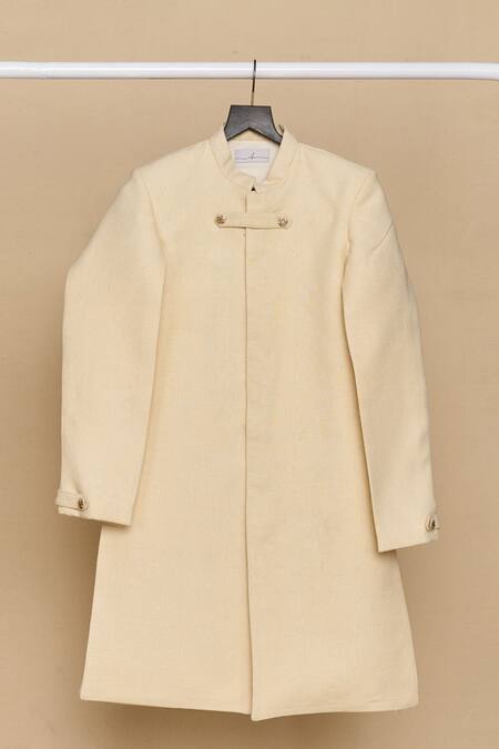 All Boy Couture_Ivory Cotton, Chanderi Sequins, Embroidery Solid Achkan With Pyjama _Online_at_Aza_Fashions