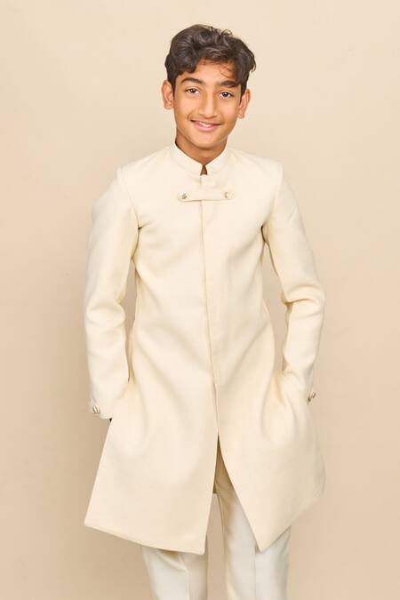 Shop_All Boy Couture_Ivory Cotton, Chanderi Sequins, Embroidery Solid Achkan With Pyjama _Online_at_Aza_Fashions