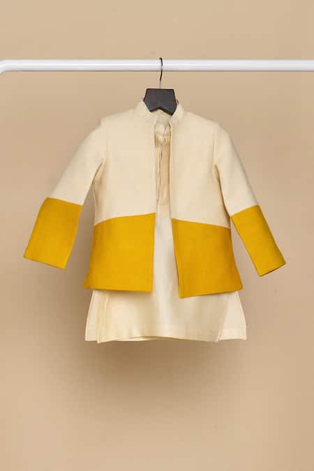 Buy_All Boy Couture_Ivory Cotton, Chanderi Kurta Ombre Bandhgala Set _Online_at_Aza_Fashions