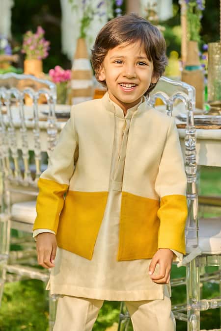 Shop_All Boy Couture_Ivory Cotton, Chanderi Kurta Ombre Bandhgala Set _Online_at_Aza_Fashions
