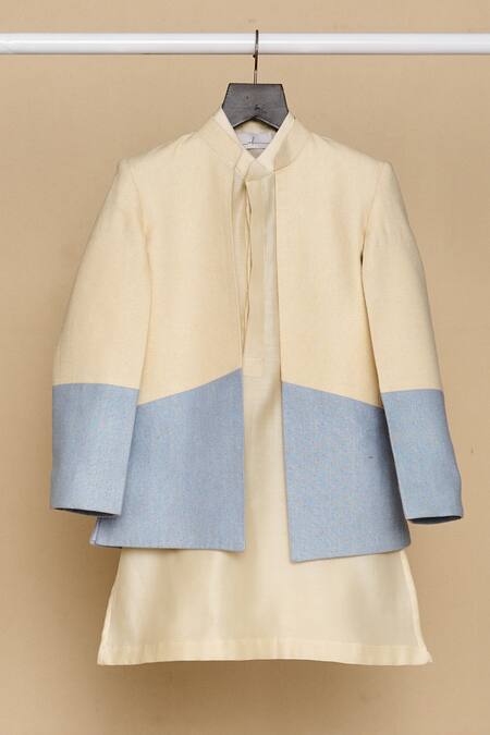 Buy_All Boy Couture_Ivory Cotton, Chanderi Silk Solid Kurta Ombre Bandhgala Set _Online_at_Aza_Fashions