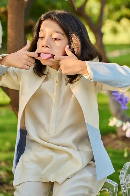 Shop_All Boy Couture_Ivory Cotton, Chanderi Silk Solid Kurta Ombre Bandhgala Set _Online_at_Aza_Fashions