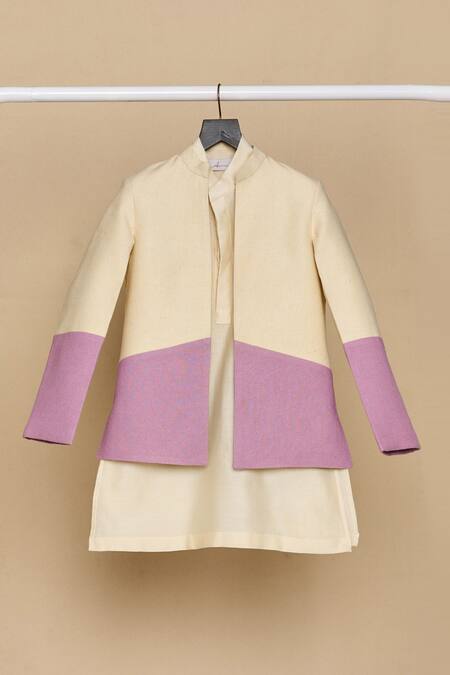 All Boy Couture_Ivory Chanderi Silk, , Satin Solid Kurta Set With Ombre Bandhgala _Online_at_Aza_Fashions