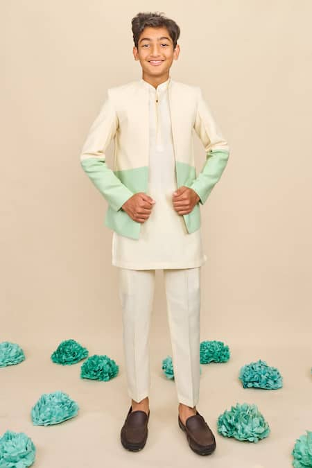 All Boy Couture Ivory Bandhgala Cotton Matka Kurta Pyjama Set With Ombre 