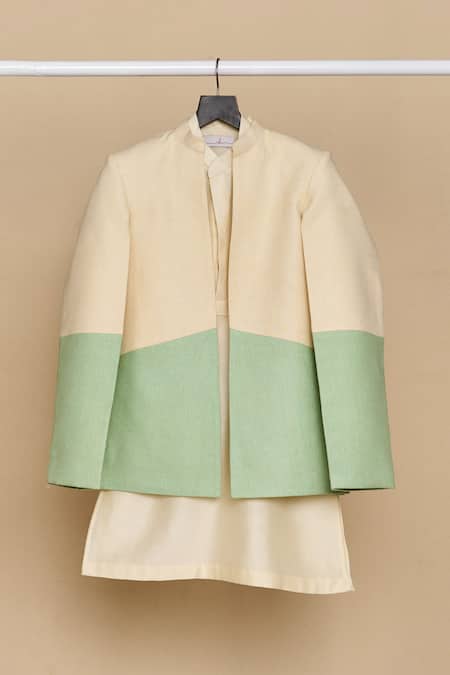 All Boy Couture_Ivory Chanderi Silk, Cotton Kurta Pyjama Set With Ombre Bandhgala _Online_at_Aza_Fashions