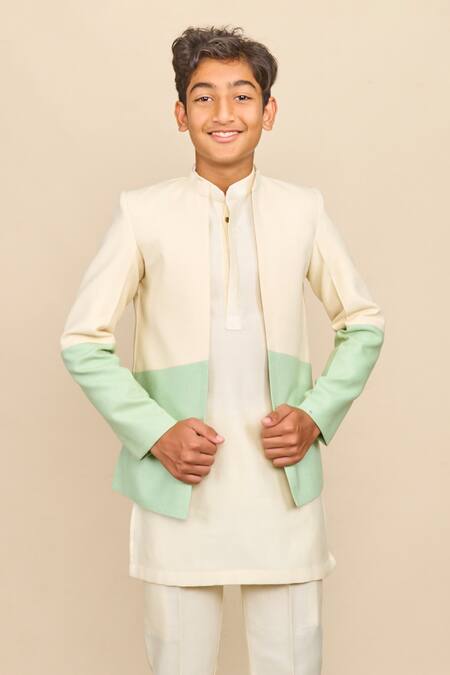 Shop_All Boy Couture_Ivory Chanderi Silk, Cotton Kurta Pyjama Set With Ombre Bandhgala _Online_at_Aza_Fashions