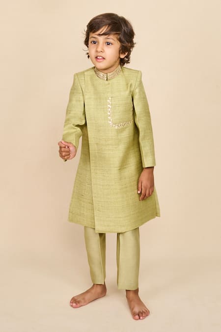 All Boy Couture Green Achkan Double Matka Embroidered Thread With Pyjama 