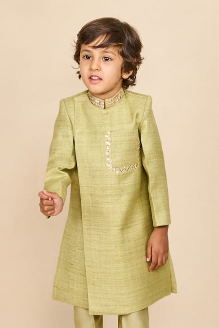Buy_All Boy Couture_Green Chanderi, Silk Sequins, Embroidery Achkan With Pyjama _Online_at_Aza_Fashions