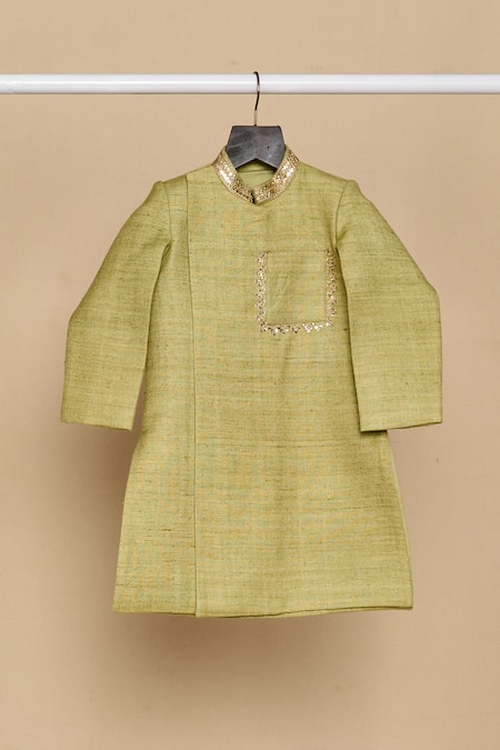 Shop_All Boy Couture_Green Chanderi, Silk Sequins, Embroidery Achkan With Pyjama _Online_at_Aza_Fashions