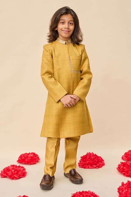 All Boy Couture Yellow Achkan Double Matka Embroidered Thread With Pyjama 