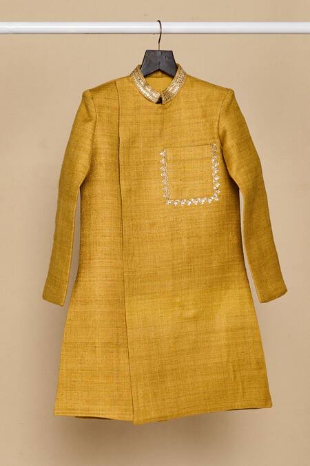 Buy_All Boy Couture_Yellow Chanderi, Cotton Sequins, Embroidery Thread Achkan With Pyjama _Online_at_Aza_Fashions