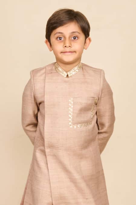 All Boy Couture_Beige Chanderi, Cotton Sequins, Embroidery Achkan With Pyjama _Online_at_Aza_Fashions