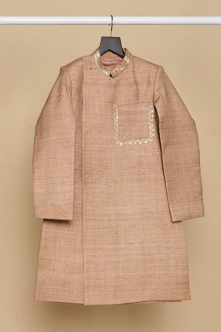 Shop_All Boy Couture_Beige Chanderi, Cotton Sequins, Embroidery Achkan With Pyjama _Online_at_Aza_Fashions