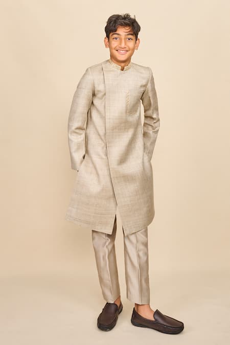 All Boy Couture Grey Achkan Double Matka Embroidered Thread Placement With Pyjama 