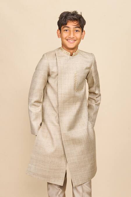 All Boy Couture_Grey Chanderi, Cotton, Silk Sequins, Embroidery Placement Achkan With Pyjama _Online_at_Aza_Fashions