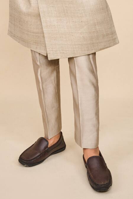 Buy_All Boy Couture_Grey Chanderi, Cotton, Silk Sequins, Embroidery Placement Achkan With Pyjama _Online_at_Aza_Fashions