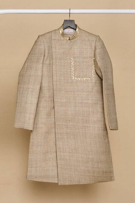 Shop_All Boy Couture_Grey Chanderi, Cotton, Silk Sequins, Embroidery Placement Achkan With Pyjama _Online_at_Aza_Fashions