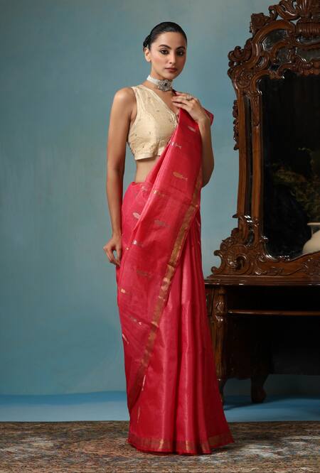 Shop Dusala Peach Kota Doria Orchid Fish Motif Handwoven Saree With Running Blouse Piece Online at Aza Fashions Shop_Dusala_Peach Kota Doria Orchid Fish Motif Handwoven Saree With Running Blouse Piece _Online_at_Aza_Fashions