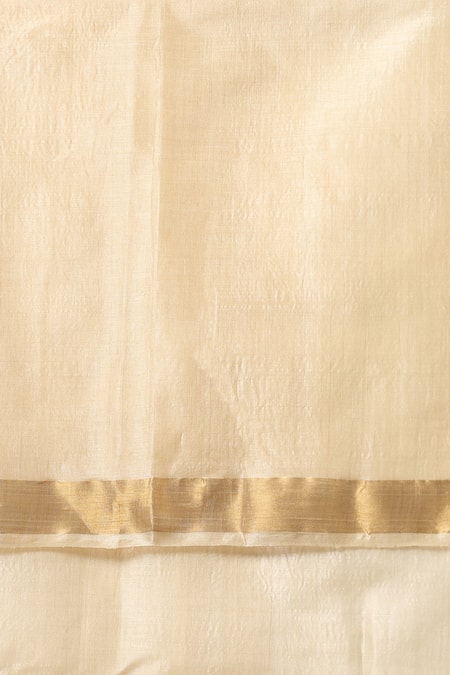 Dusala_Beige Kota Doria, Daisy Lotus Motif Handwoven Saree With Running Blouse Piece_Online_at_Aza_Fashions