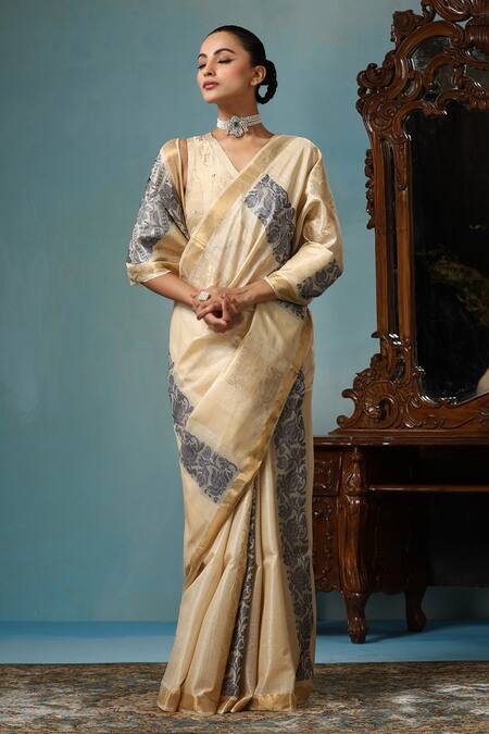 Shop_Dusala_Beige Kota Doria, Daisy Lotus Motif Handwoven Saree With Running Blouse Piece_Online_at_Aza_Fashions