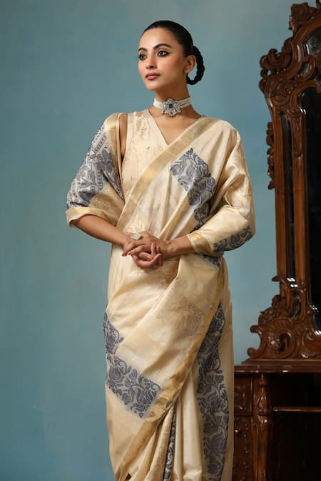 Dusala_Beige Kota Doria, Daisy Lotus Motif Handwoven Saree With Running Blouse Piece_at_Aza_Fashions
