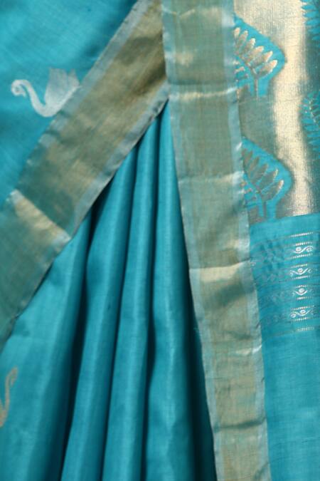 Buy_Dusala_Blue Kota Doria Peony Duck Motif Handwoven Saree With Running Blouse Piece_Online_at_Aza_Fashions