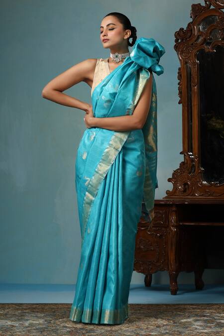 Shop_Dusala_Blue Kota Doria Peony Duck Motif Handwoven Saree With Running Blouse Piece_Online_at_Aza_Fashions