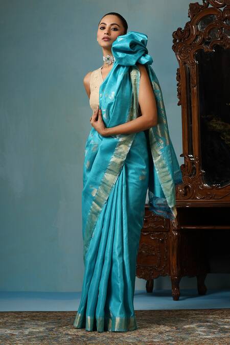 Dusala_Blue Kota Doria Peony Duck Motif Handwoven Saree With Running Blouse Piece_at_Aza_Fashions