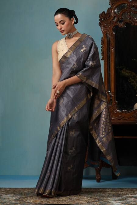 Dusala_Grey Kota Doria Tulip Deer Motif Handwoven Saree With Running Blouse Piece _Online_at_Aza_Fashions