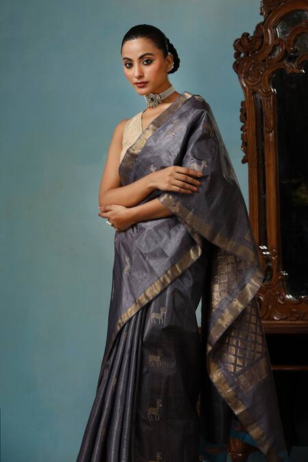 Buy_Dusala_Grey Kota Doria Tulip Deer Motif Handwoven Saree With Running Blouse Piece _Online_at_Aza_Fashions