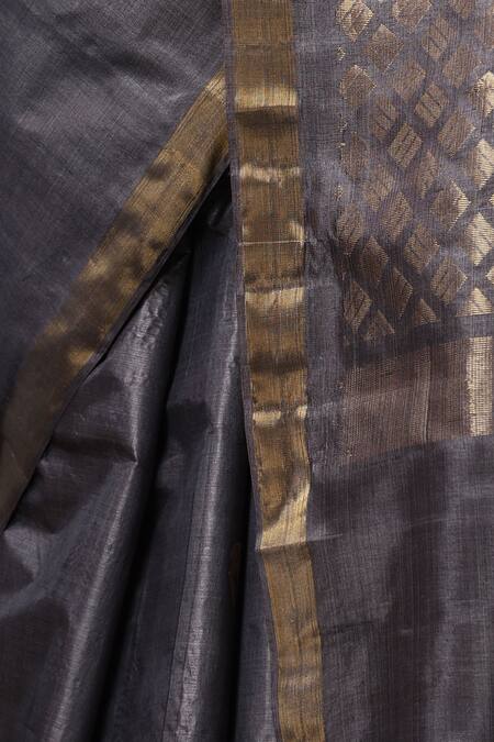 Shop_Dusala_Grey Kota Doria Tulip Deer Motif Handwoven Saree With Running Blouse Piece _Online_at_Aza_Fashions