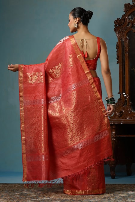 Shop Dusala Red Kota Doria Embroidery Floral Motif Handwoven Saree With Running Blouse Piece at Aza Fashions Shop_Dusala_Red Kota Doria Embroidery Floral Motif Handwoven Saree With Running Blouse Piece _at_Aza_Fashions
