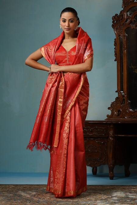 Buy Dusala Red Kota Doria Embroidery Floral Motif Handwoven Saree With Running Blouse Piece Online at Aza Fashions Buy_Dusala_Red Kota Doria Embroidery Floral Motif Handwoven Saree With Running Blouse Piece _Online_at_Aza_Fashions