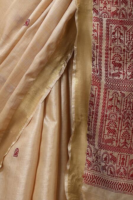 Buy Dusala Beige Kosa Silk Chhattisgarhi Magnolia Handwoven Saree With Running Blouse Piece Online at Aza Fashions Buy_Dusala_Beige Kosa Silk Chhattisgarhi Magnolia Handwoven Saree With Running Blouse Piece_Online_at_Aza_Fashions