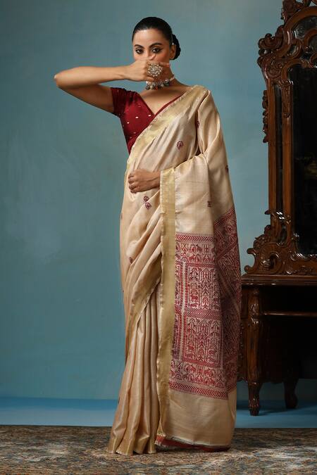 Shop Dusala Beige Kosa Silk Chhattisgarhi Magnolia Handwoven Saree With Running Blouse Piece Online at Aza Fashions Shop_Dusala_Beige Kosa Silk Chhattisgarhi Magnolia Handwoven Saree With Running Blouse Piece_Online_at_Aza_Fashions