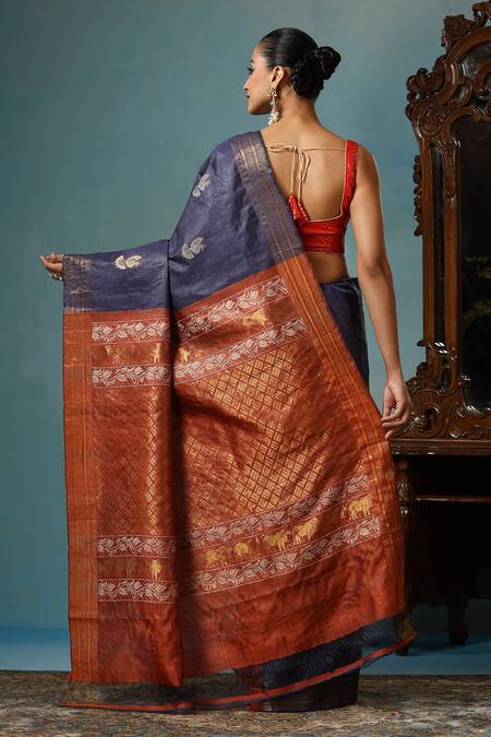 Shop Dusala Blue Kota Doria Azalea Bird Motif Handwoven Saree With Running Blouse Piece at Aza Fashions Shop_Dusala_Blue Kota Doria Azalea Bird Motif Handwoven Saree With Running Blouse Piece_at_Aza_Fashions