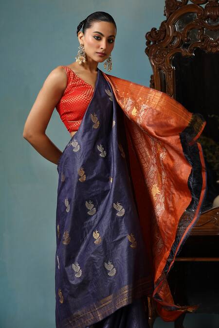 Buy Dusala Blue Kota Doria Azalea Bird Motif Handwoven Saree With Running Blouse Piece Online at Aza Fashions Buy_Dusala_Blue Kota Doria Azalea Bird Motif Handwoven Saree With Running Blouse Piece_Online_at_Aza_Fashions
