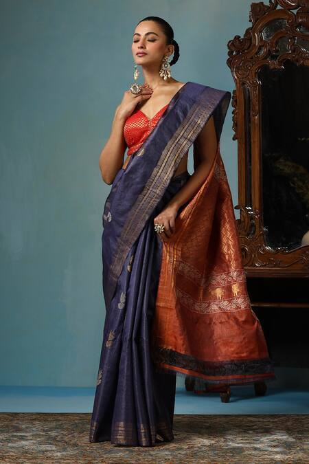 Dusala Blue Kota Doria Azalea Bird Motif Handwoven Saree With Running Blouse Piece at Aza Fashions Dusala_Blue Kota Doria Azalea Bird Motif Handwoven Saree With Running Blouse Piece_at_Aza_Fashions