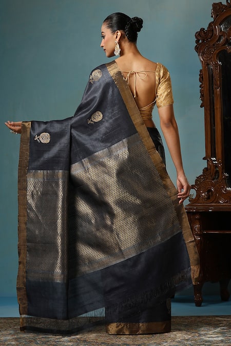 Dusala Camellia Rose Motif Handwoven Saree With Running Blouse Piece 