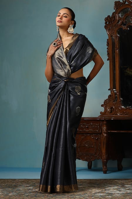 Buy_Dusala_Grey Kota Doria Camellia Rose Motif Handwoven Saree With Running Blouse Piece _Online_at_Aza_Fashions