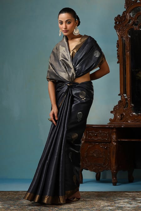 Shop_Dusala_Grey Kota Doria Camellia Rose Motif Handwoven Saree With Running Blouse Piece _Online_at_Aza_Fashions