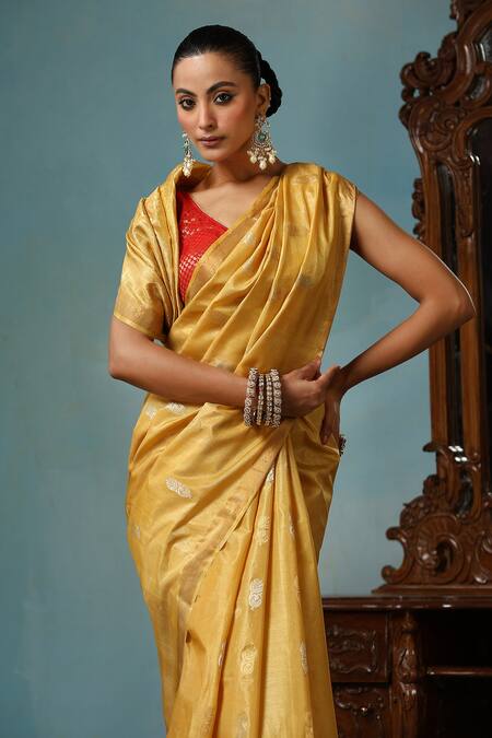 Dusala Gold Kota Doria Marigold Flower Motif Handwoven Saree With Running Blouse Piece Online at Aza Fashions Dusala_Gold Kota Doria Marigold Flower Motif Handwoven Saree With Running Blouse Piece _Online_at_Aza_Fashions