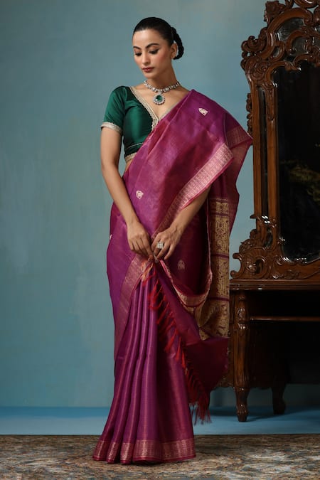 DUSALA Purple Kosa Silk Chhattisgarhi Zinnia Handwoven Saree With Running Blouse Piece 