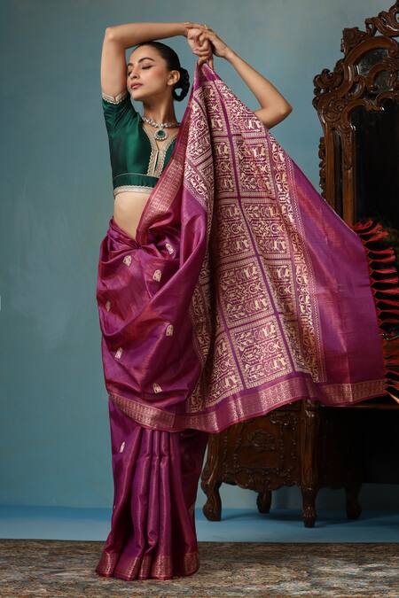 Buy_Dusala_Purple Kota Doria Embroidery Zinnia Handwoven Saree With Running Blouse Piece_Online_at_Aza_Fashions