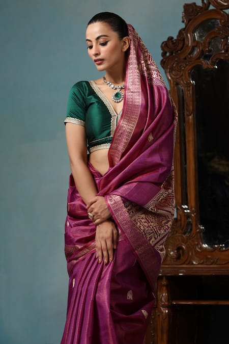 Shop_Dusala_Purple Kota Doria Embroidery Zinnia Handwoven Saree With Running Blouse Piece_Online_at_Aza_Fashions
