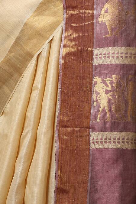 Dusala_Beige Kota Doria Aster Handwoven Saree With Running Blouse Piece_Online_at_Aza_Fashions