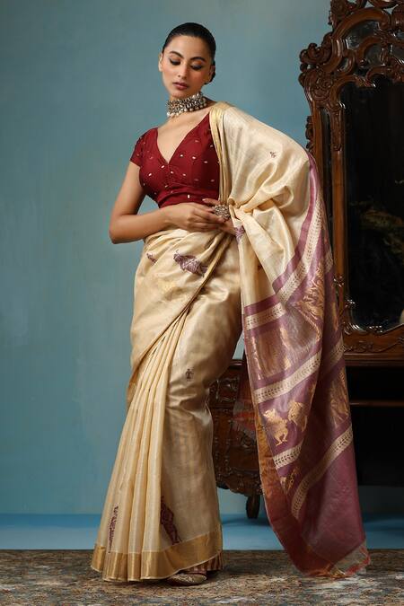 Buy_Dusala_Beige Kota Doria Aster Handwoven Saree With Running Blouse Piece_Online_at_Aza_Fashions