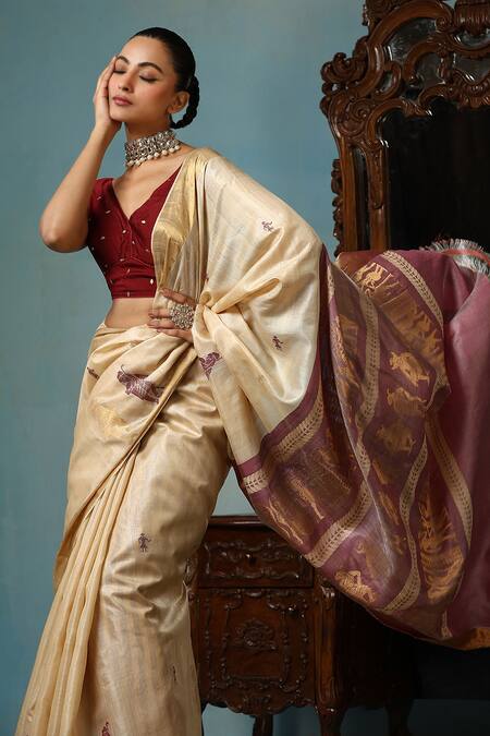 Shop_Dusala_Beige Kota Doria Aster Handwoven Saree With Running Blouse Piece_Online_at_Aza_Fashions