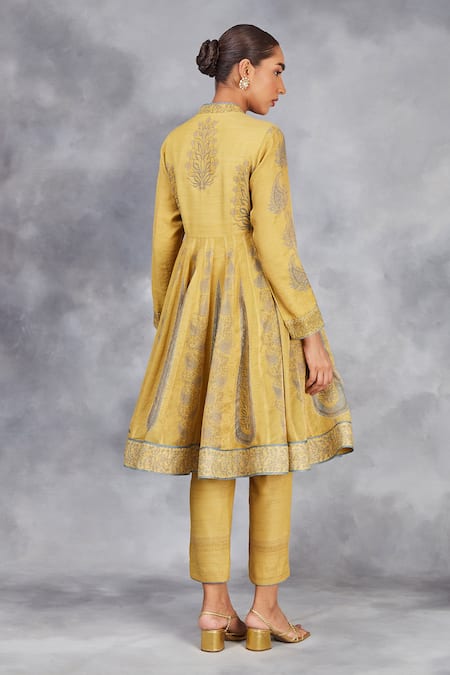 Sue Mue_Yellow Handloom , Tussar, Handwoven Floral Print Short Anarkali Set _Online_at_Aza_Fashions