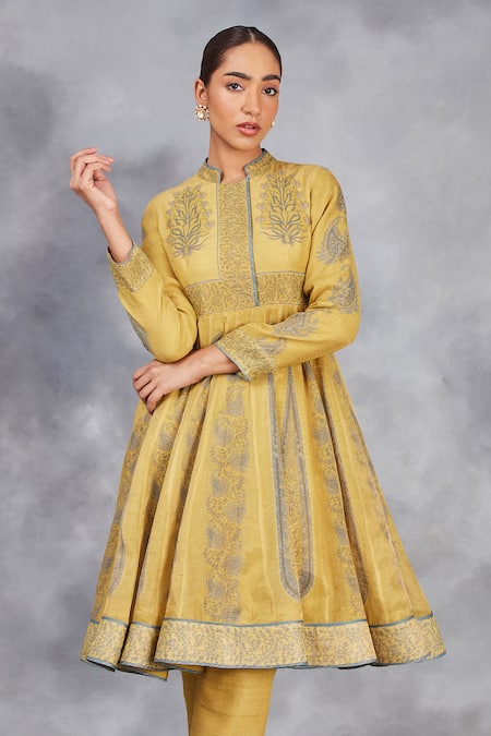Buy_Sue Mue_Yellow Handloom , Tussar, Handwoven Floral Print Short Anarkali Set _Online_at_Aza_Fashions